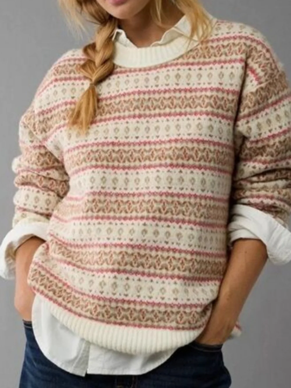 American Eagle Oversized Soft Fair Isle Crewneck Sweater XS - Picture 1 of 7